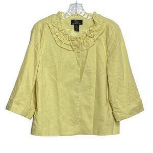 Trenz Petites Ruffle Neck Linen Blend Button Open Jacket Blazer Yellow‎ Size PM